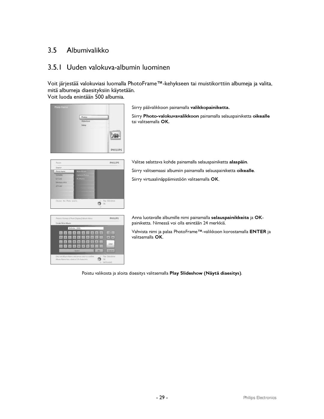 Philips 9FF2CMI, 9FF2CWO user manual Albumivalikko Uuden valokuva-albumin luominen 