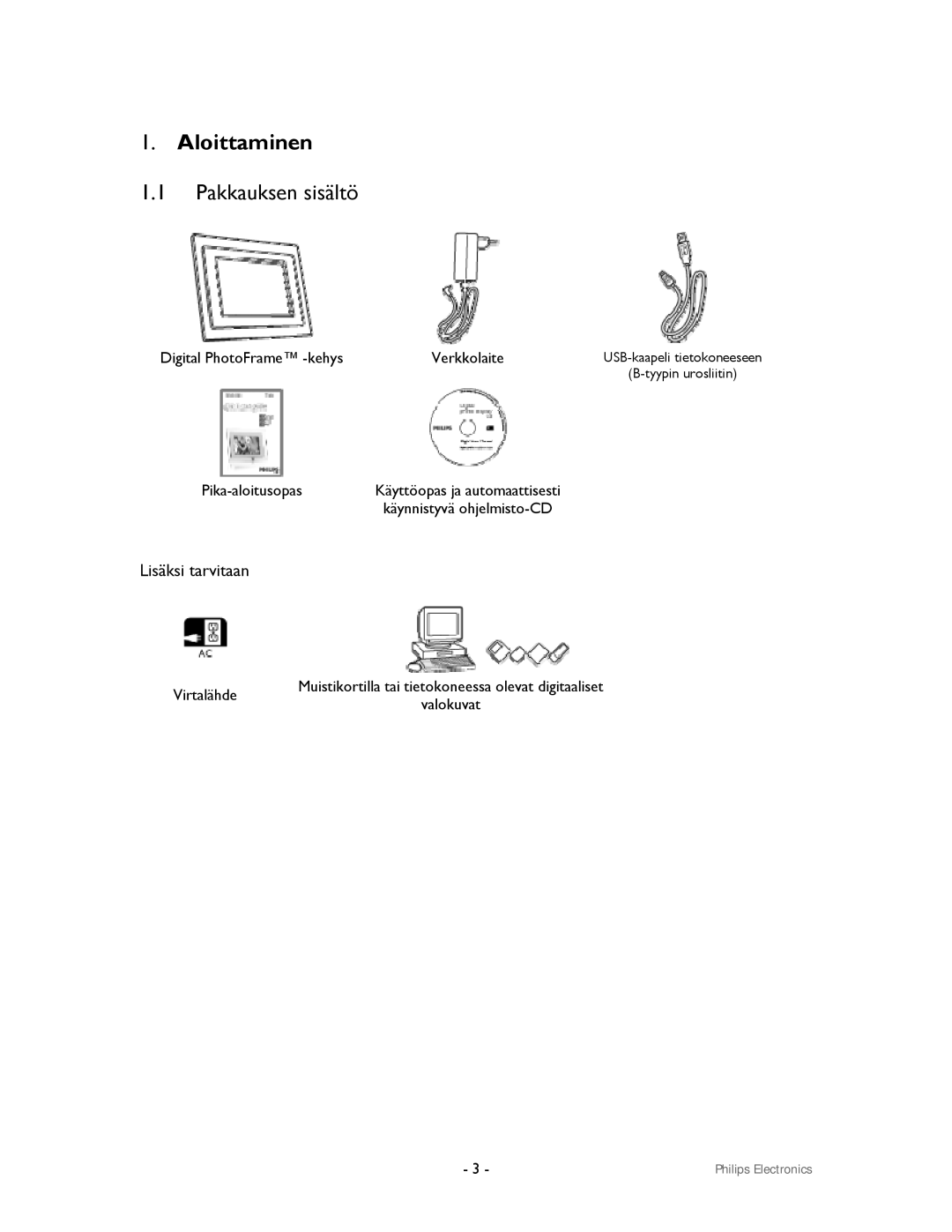 Philips 9FF2CMI, 9FF2CWO user manual Aloittaminen, Pakkauksen sisältö 