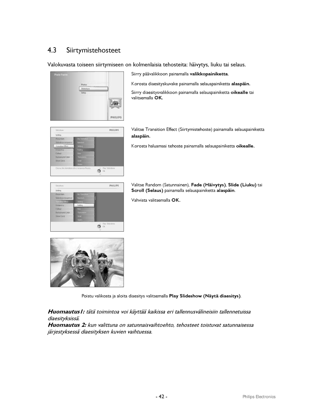 Philips 9FF2CWO, 9FF2CMI user manual Siirtymistehosteet 