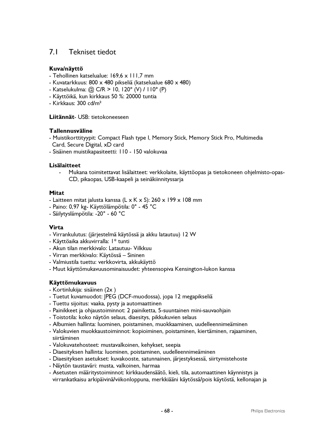 Philips 9FF2CWO, 9FF2CMI user manual Tekniset tiedot 