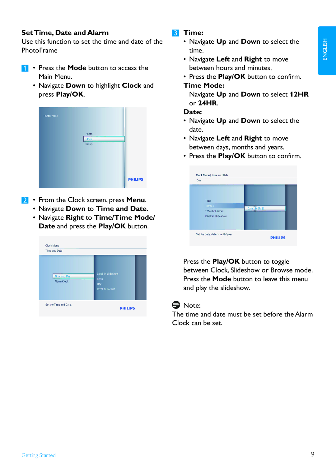 Philips 7FF3FPX, 9FF3FPX user manual Set Time, Date and Alarm, Time Mode 