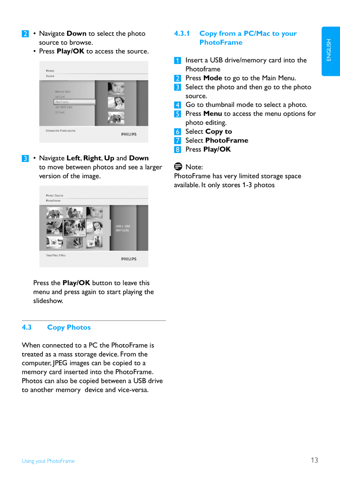 Philips 7FF3FPX, 9FF3FPX user manual Copy Photos, Copy from a PC/Mac to your PhotoFrame, Select PhotoFrame Press Play/OK 