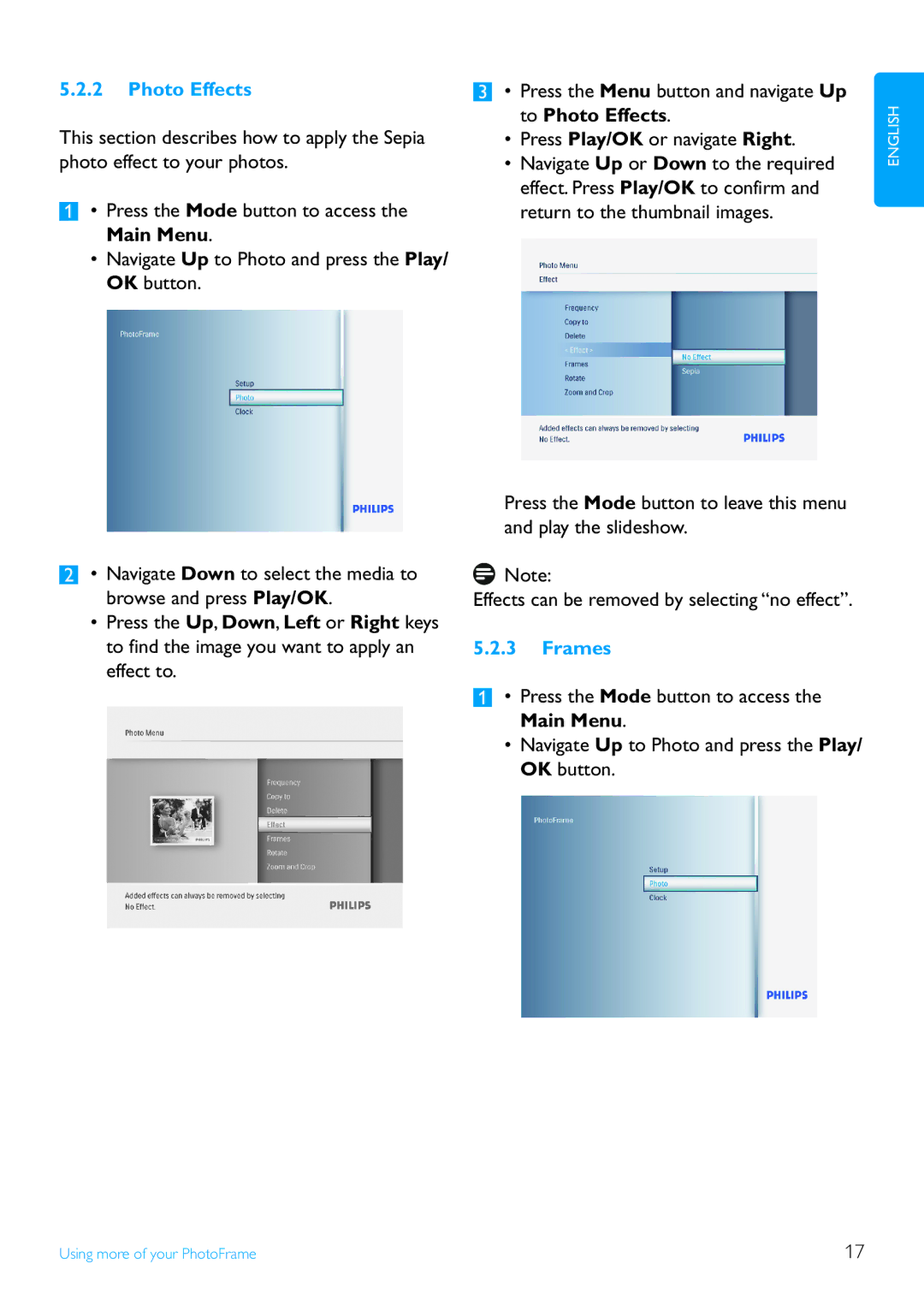 Philips 7FF3FPX, 9FF3FPX user manual Photo Effects, Frames 