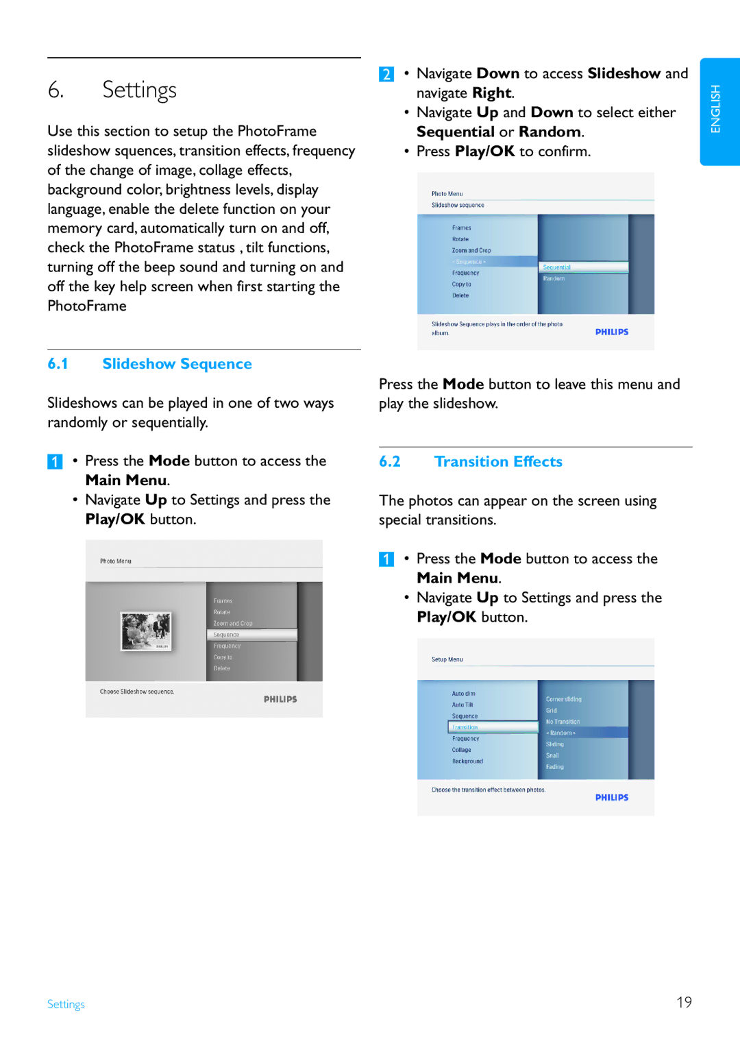 Philips 7FF3FPX, 9FF3FPX user manual Settings, Slideshow Sequence, Transition Effects 