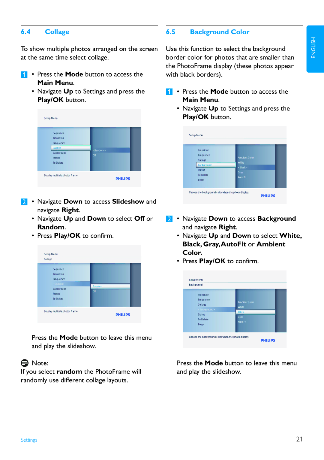 Philips 7FF3FPX, 9FF3FPX user manual Collage Background Color, Random, Navigate Right, Black, Gray,AutoFit or Ambient 