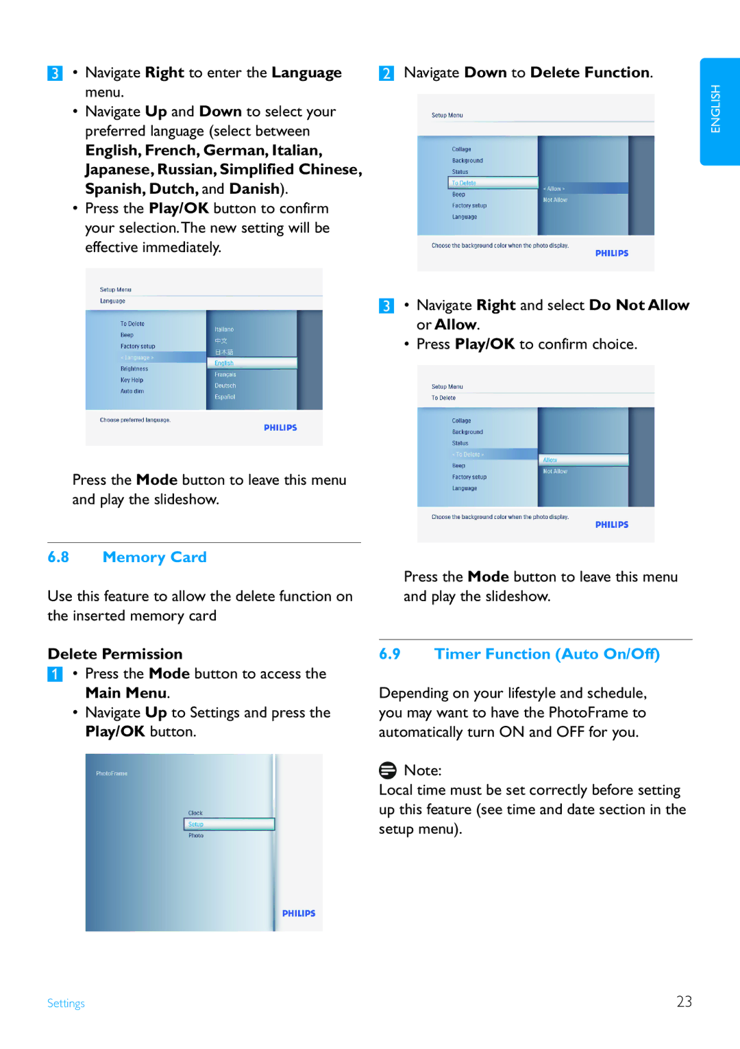 Philips 7FF3FPX, 9FF3FPX Navigate Right to enter the Language menu, Delete Permission, Navigate Down to Delete Function 