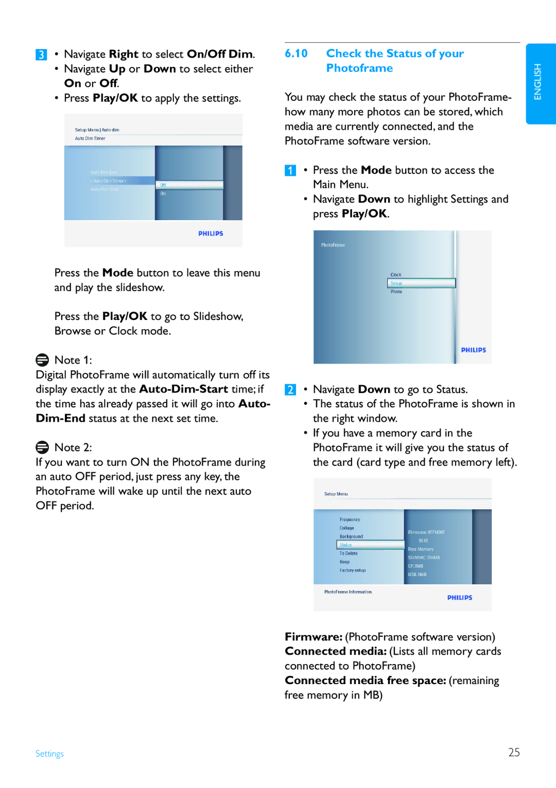 Philips 7FF3FPX, 9FF3FPX Check the Status of your Photoframe, Connected media free space remaining free memory in MB 
