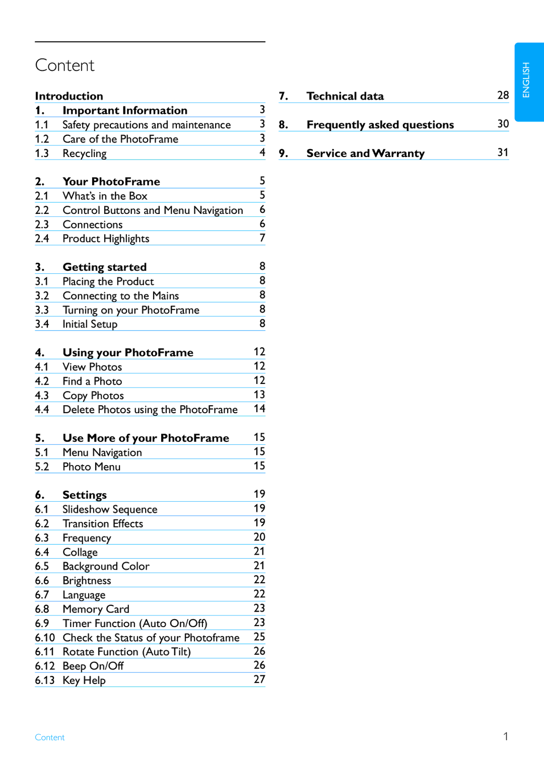 Philips 7FF3FPX, 9FF3FPX user manual Content 