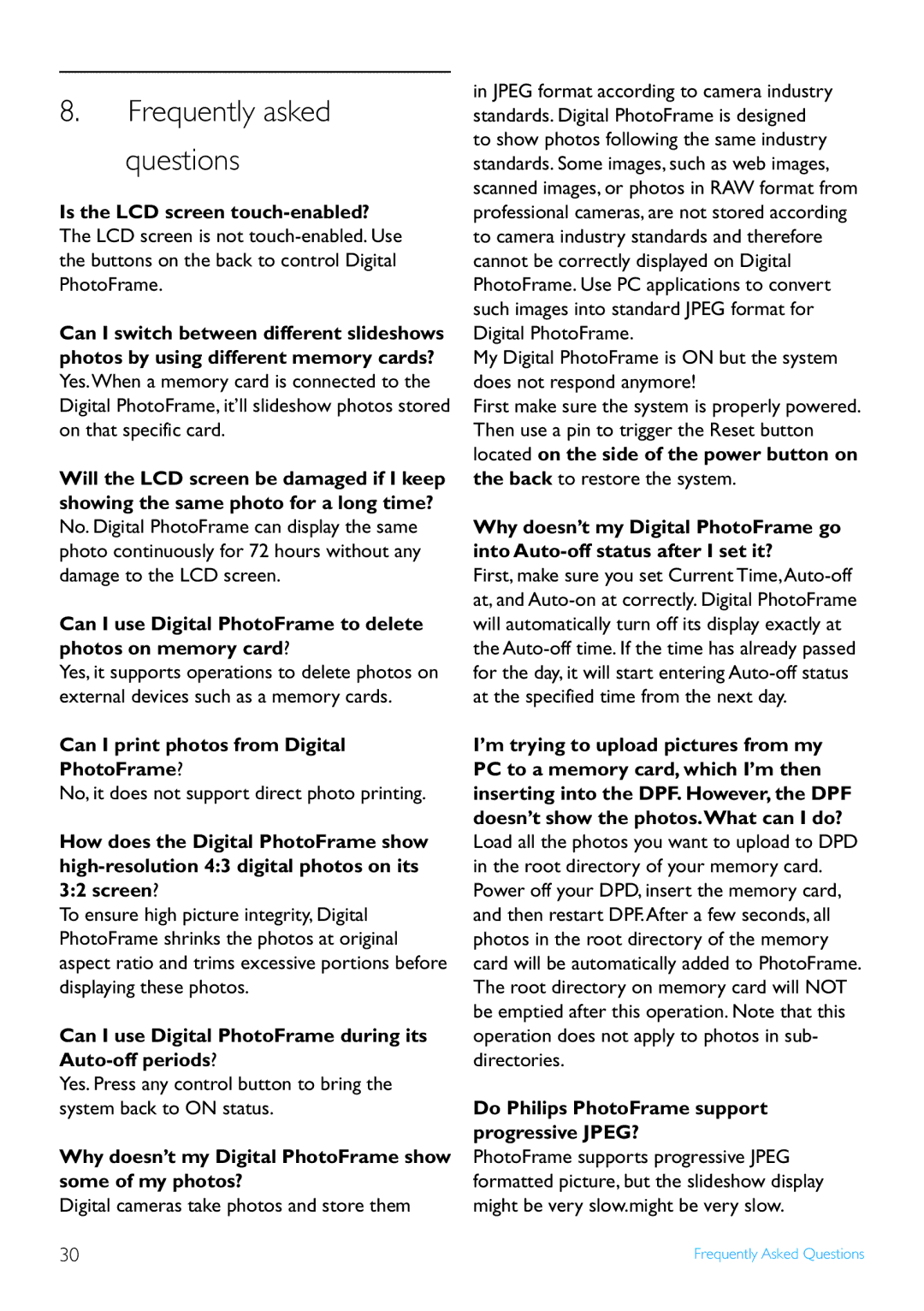 Philips 9FF3FPX, 7FF3FPX user manual Frequently asked Questions, Can I print photos from Digital PhotoFrame? 