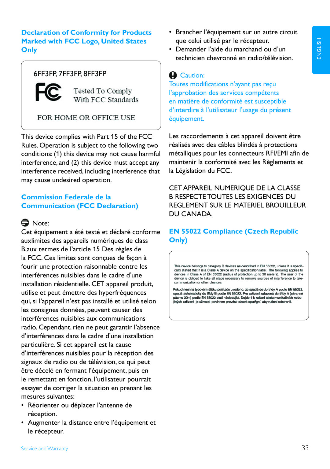 Philips 7FF3FPX, 9FF3FPX Commission Federale de la Communication FCC Declaration, EN 55022 Compliance Czech Republic Only 