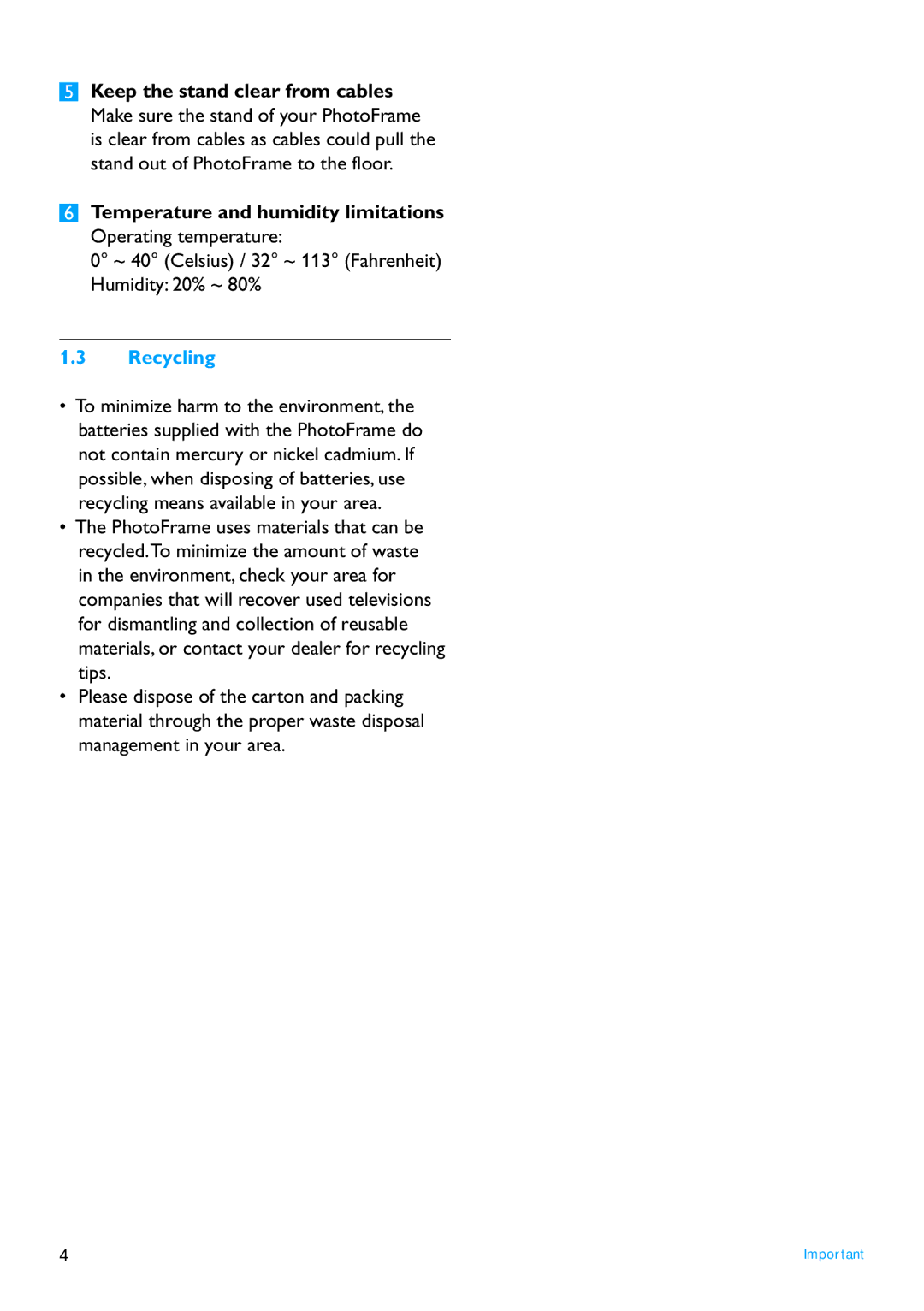 Philips 9FF3FPX, 7FF3FPX user manual Temperature and humidity limitations Operating temperature, Recycling 