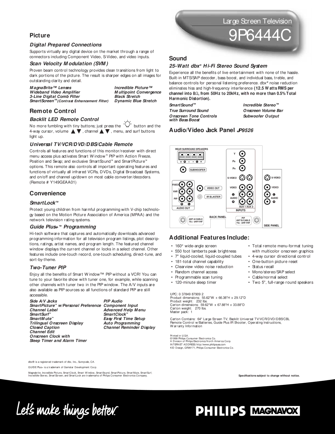 Philips 9P 6444C Picture, Remote Control, Sound, Convenience, Audio/Video Jack Panel JP9526, Additional Features Include 