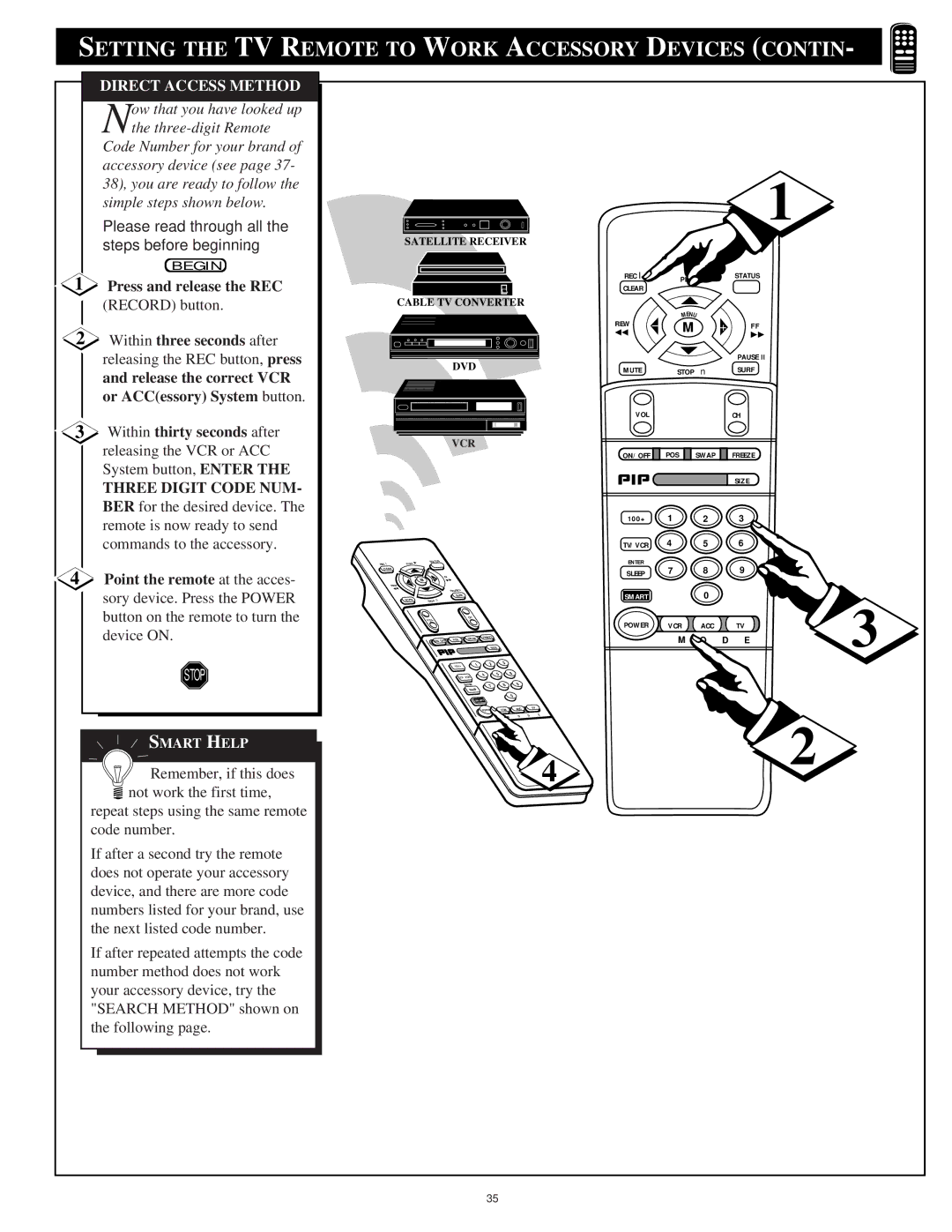 Philips 9P5031C1, 9P5531C1, 9P6031C1, 9P5034C1, 9P5534C1, 9P6034C1 Setting the TV Remote to Work Accessory Devices Contin 