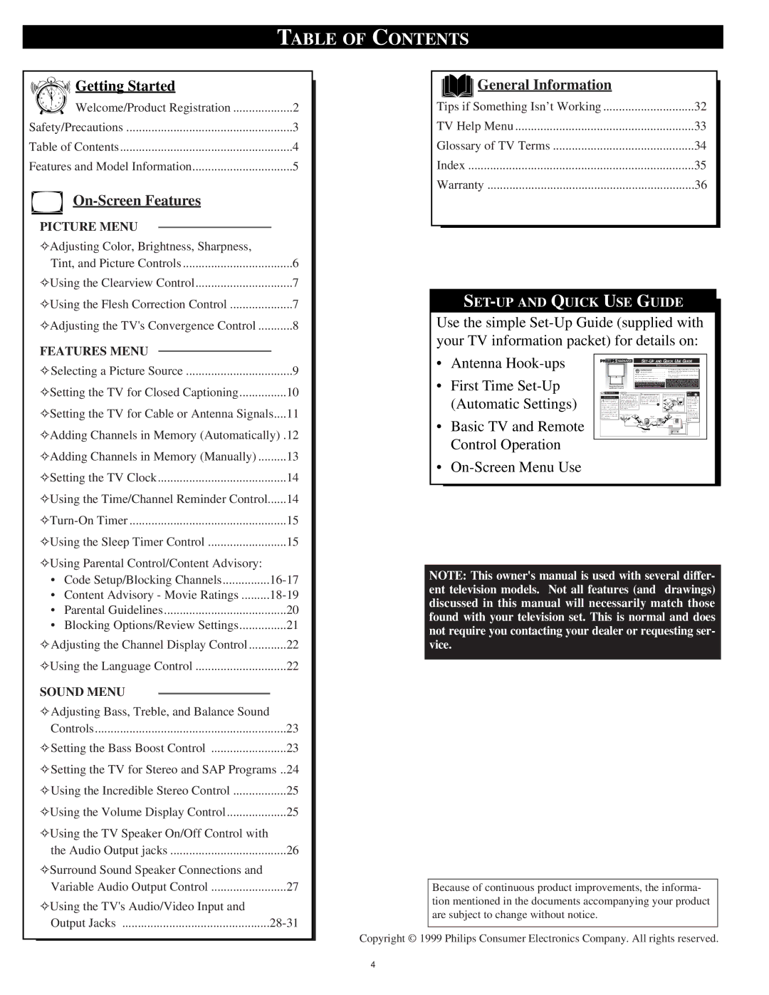 Philips 9P5511C1, 9P5514C1 manual Table of Contents 