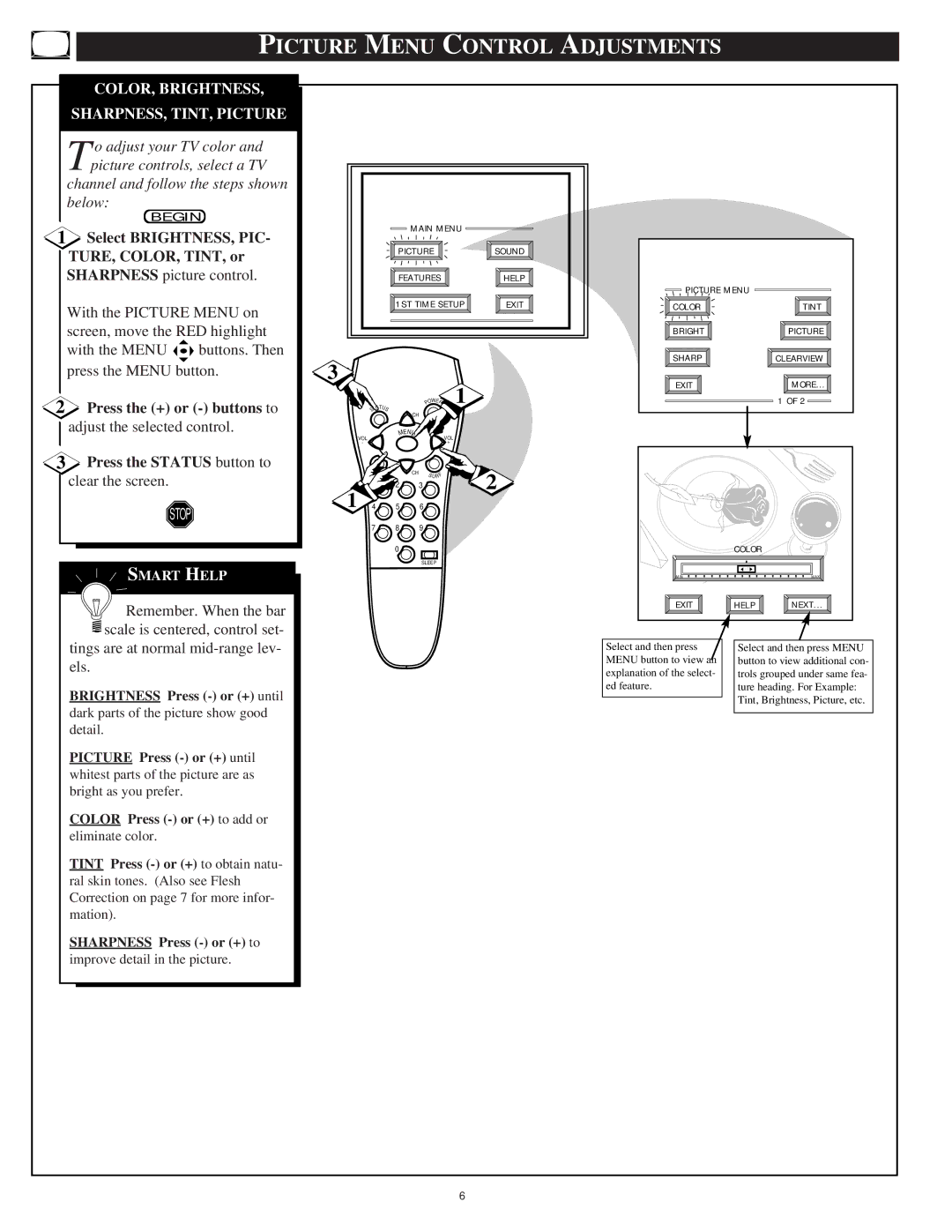 Philips 9P5511C1, 9P5514C1 manual Picture Menu Control Adjustments, COLOR, Brightness SHARPNESS, TINT, Picture 