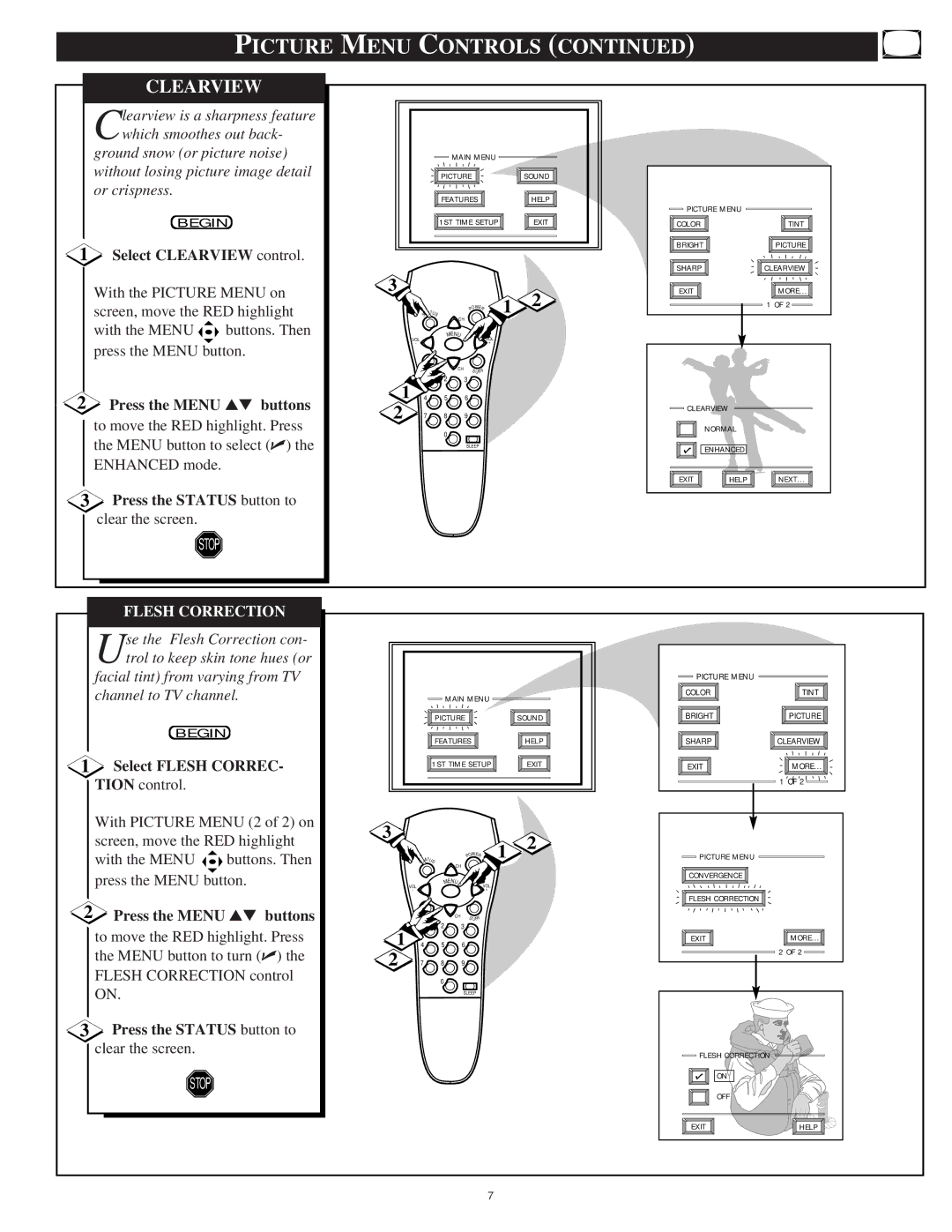 Philips 9P5514C1, 9P5511C1 manual Picture Menu Controls, Flesh Correction 