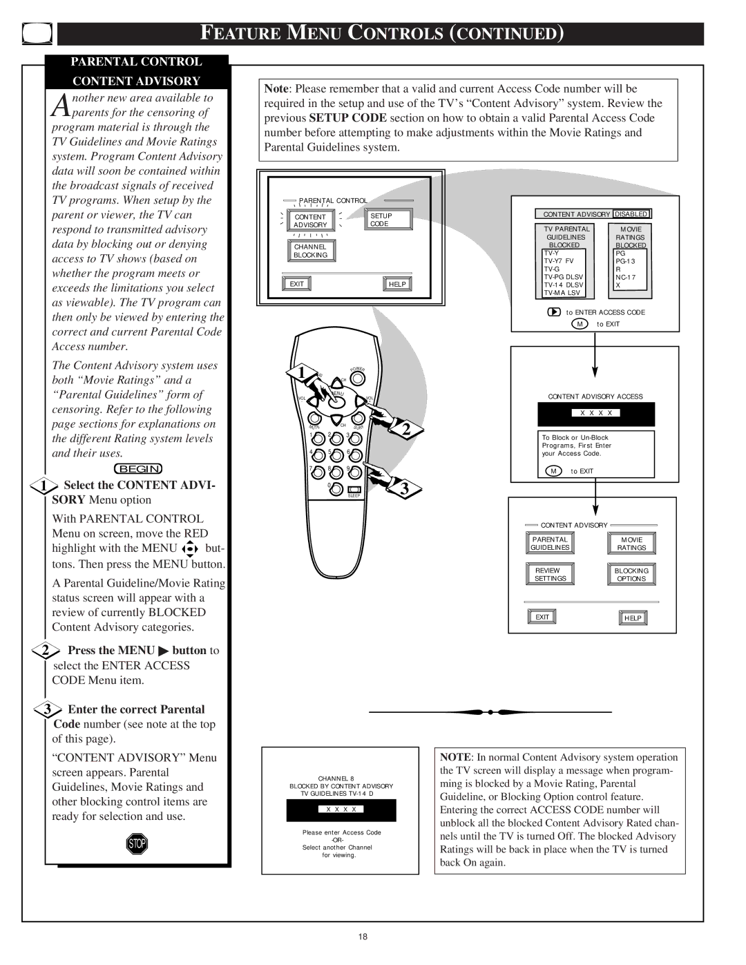 Philips 9P5511C1, 9P5514C1 manual Parental Control, Content Advisory, Select the Content Advi, Enter the correct Parental 