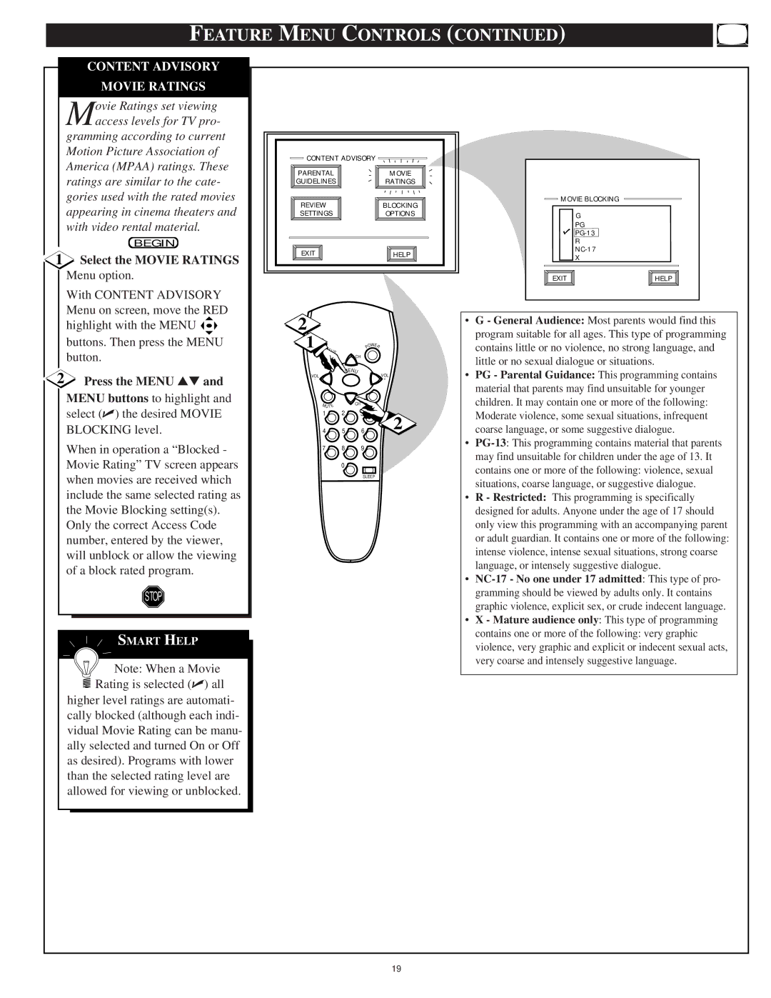 Philips 9P5514C1, 9P5511C1 manual Content Advisory Movie Ratings, Select the Movie Ratings Menu option 