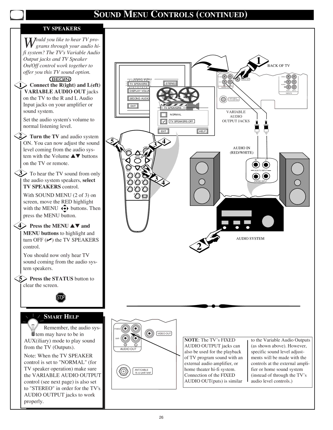 Philips 9P5511C1, 9P5514C1 manual TV Speakers, Connect the Right and Left Variable Audio OUT jacks 