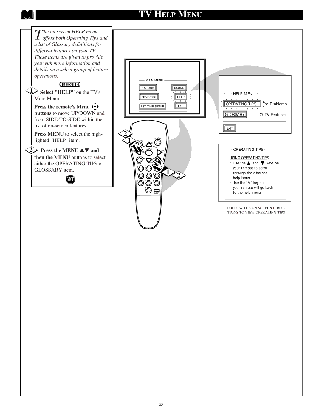 Philips 9P5511C1, 9P5514C1 manual TV Help Menu, Select Help on the TVs Main Menu Press the remotes Menu 