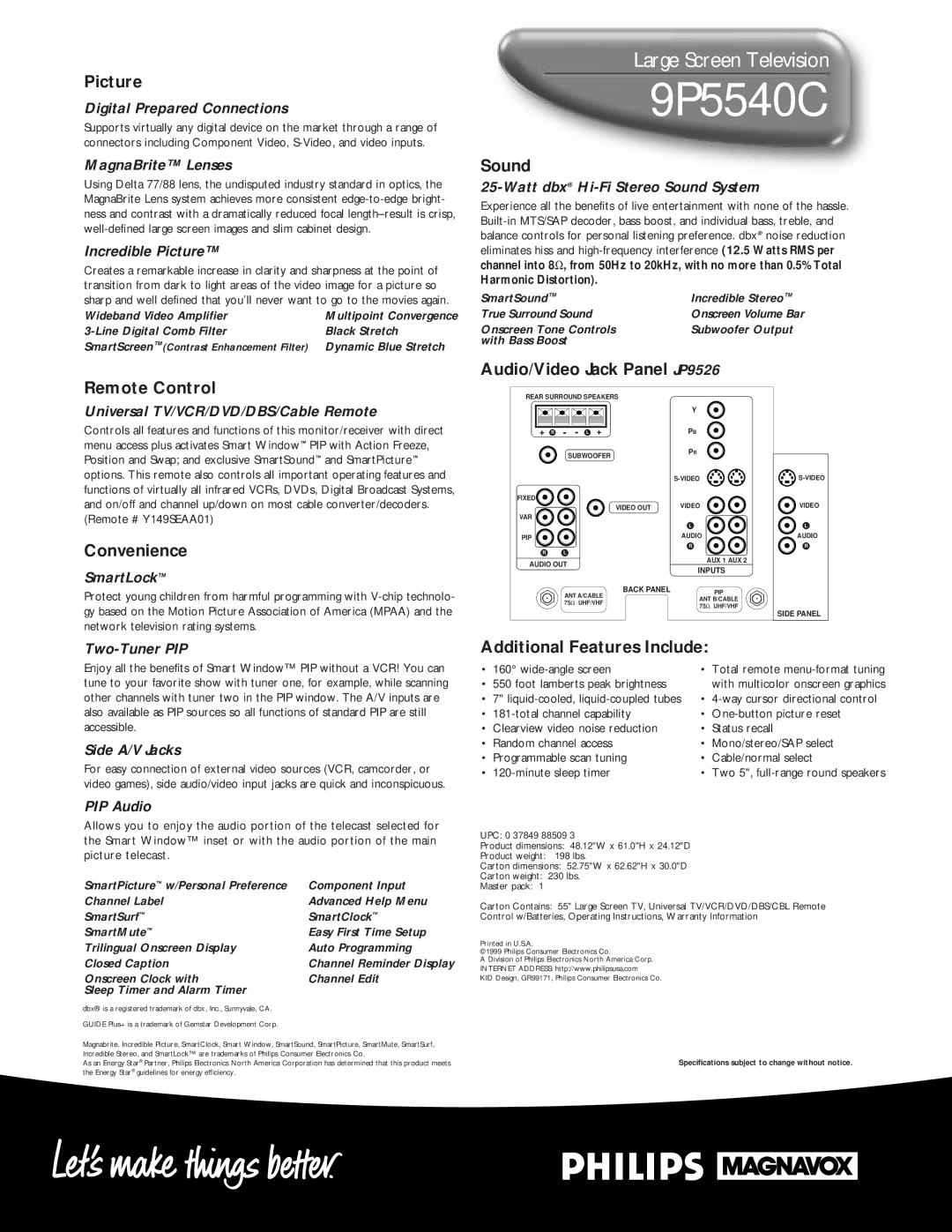 Philips 9P5540C Picture, Sound, Remote Control, Convenience, Audio/Video Jack Panel JP9526, Additional Features Include 