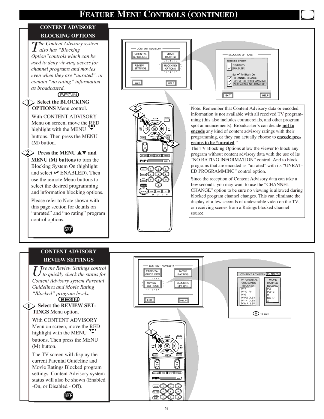 Philips 9P5534C1, 9P6034C1 Content Advisory Blocking Options, Select the Blocking, Options Menu control, Review Settings 