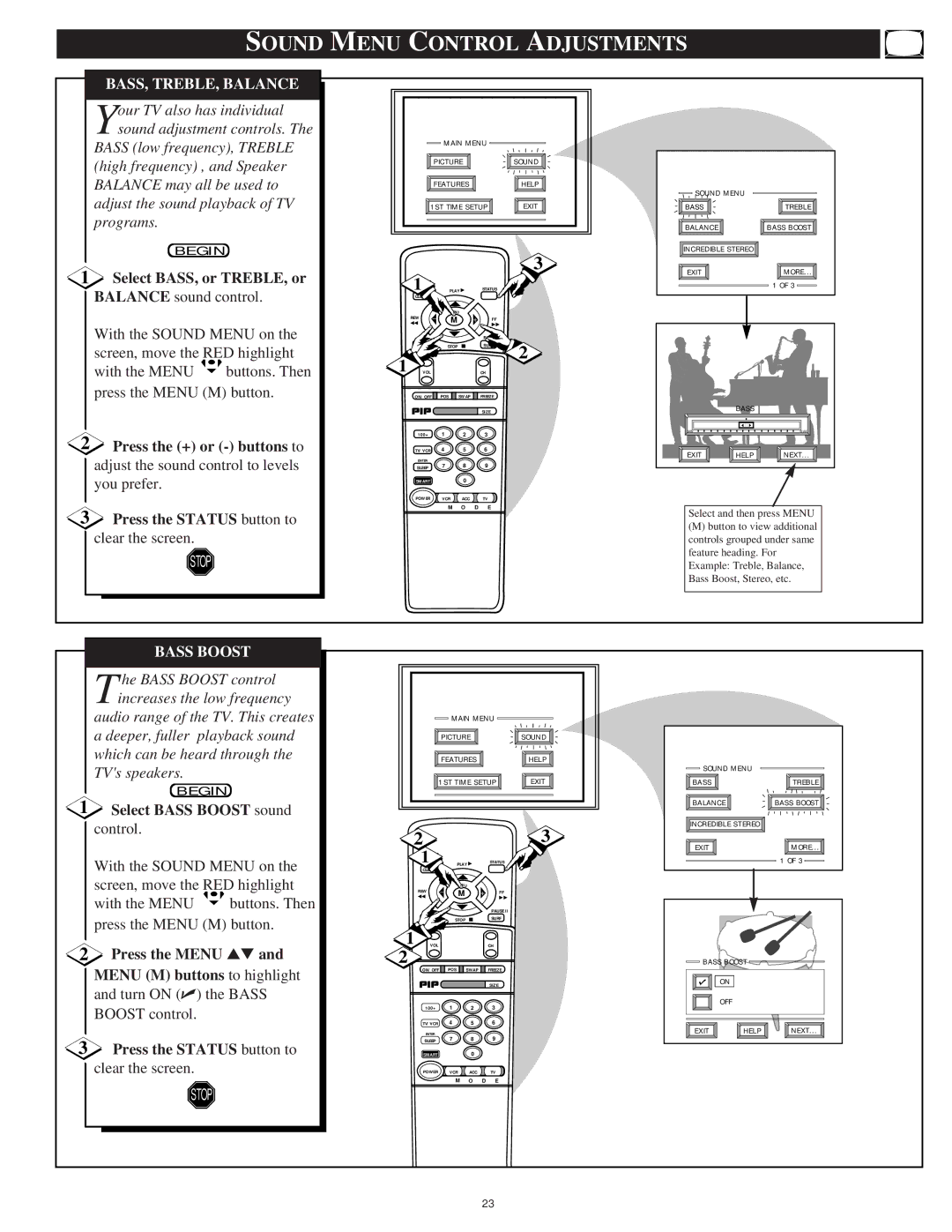 Philips 9P5531C1, 9P6034C1 Sound Menu Control Adjustments, BASS, TREBLE, Balance, Select BASS, or TREBLE, or, Bass Boost 