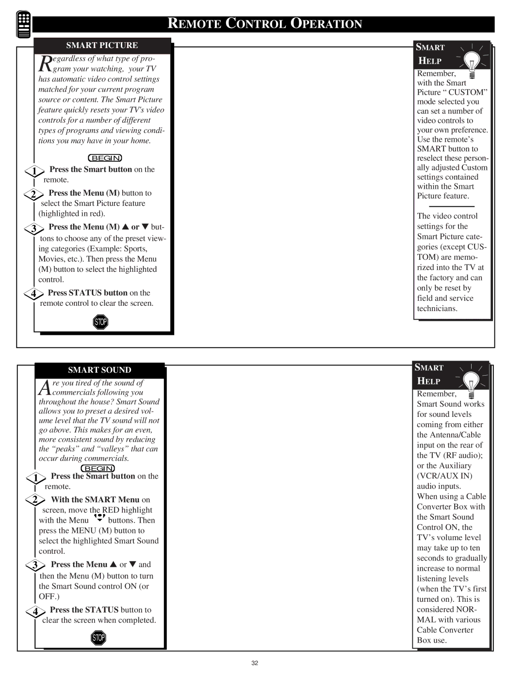 Philips 9P6031C1 manual Remote Control Operation, Smart Picture, Highlighted in red, Press the Menu M or but, Smart Sound 