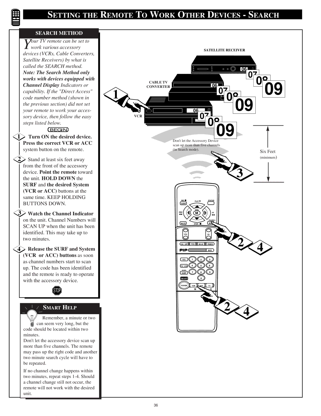 Philips 9P6034C1, 9P5034C1 Setting the Remote to Work Other Devices Search, Search Method, Device. Point the remote toward 