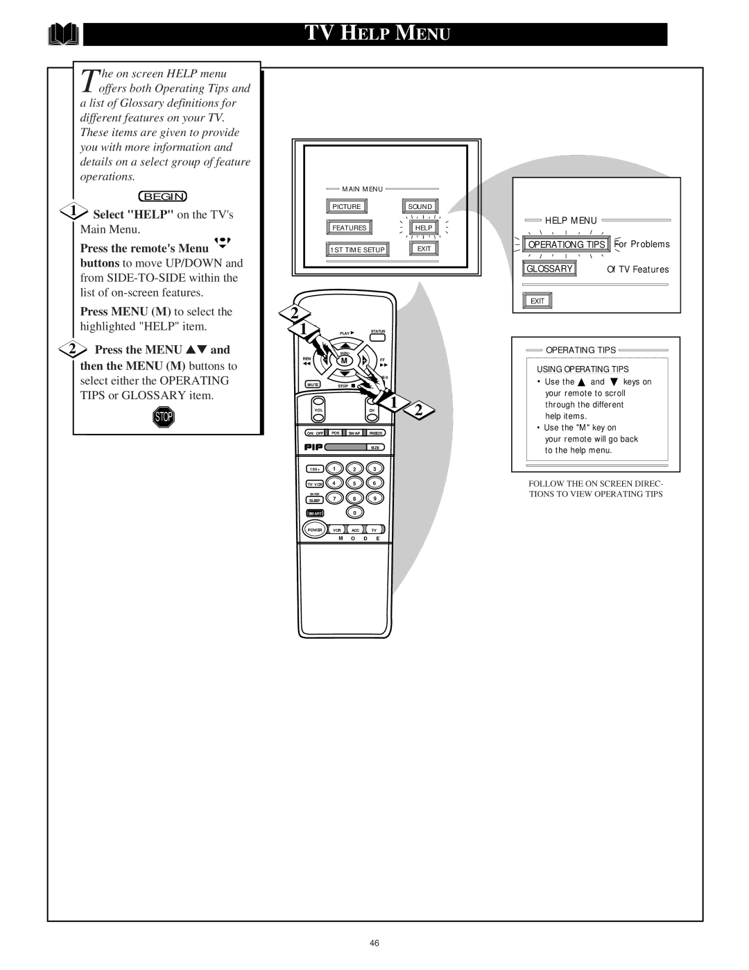 Philips 9P5031C1, 9P6034C1, 9P5034C1, 9P6031C1 manual TV Help Menu, Select Help on the TVs Main Menu Press the remotes Menu 