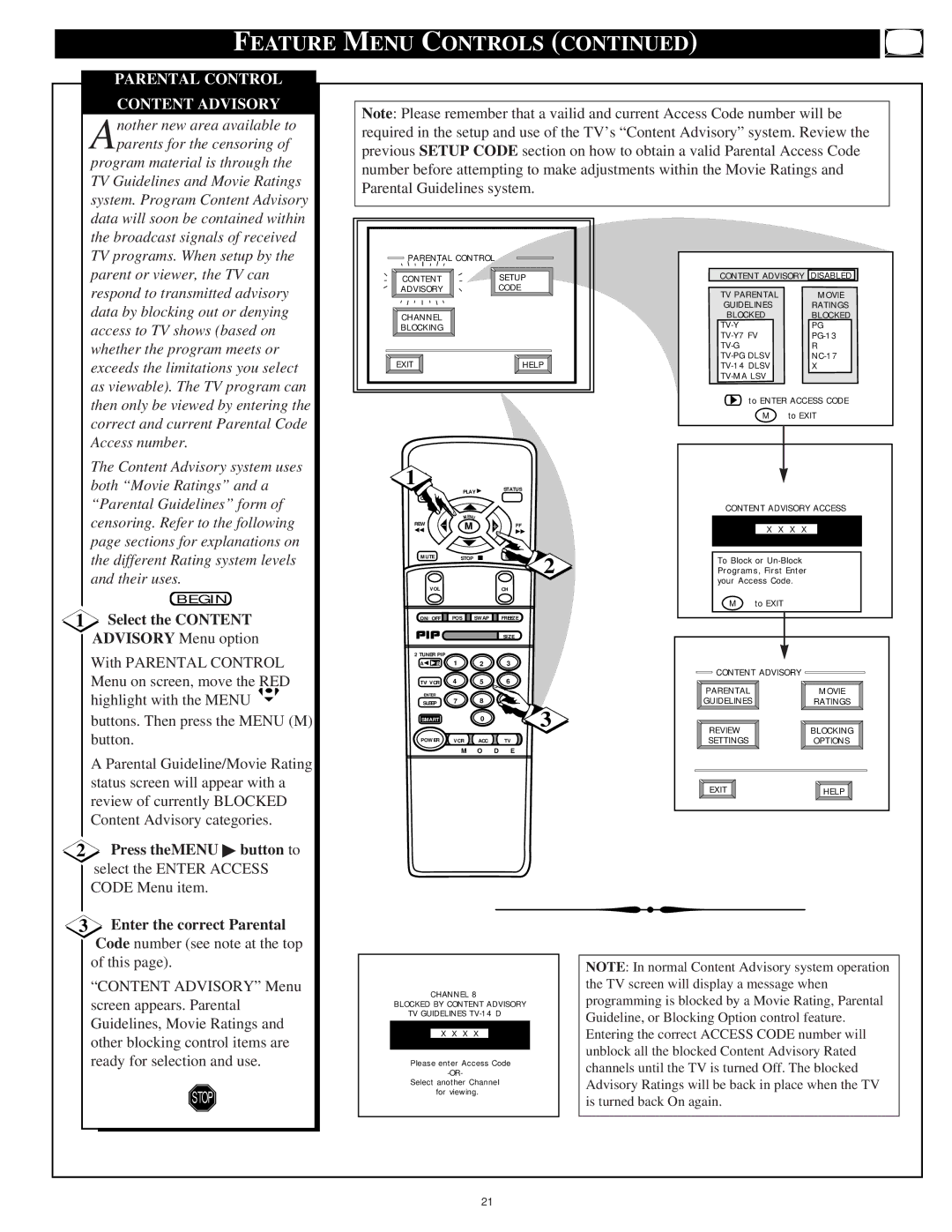 Philips 9P6040C1, 9P6440C1 manual Content Advisory, Select the Content, Press theMENU button to, Enter the correct Parental 