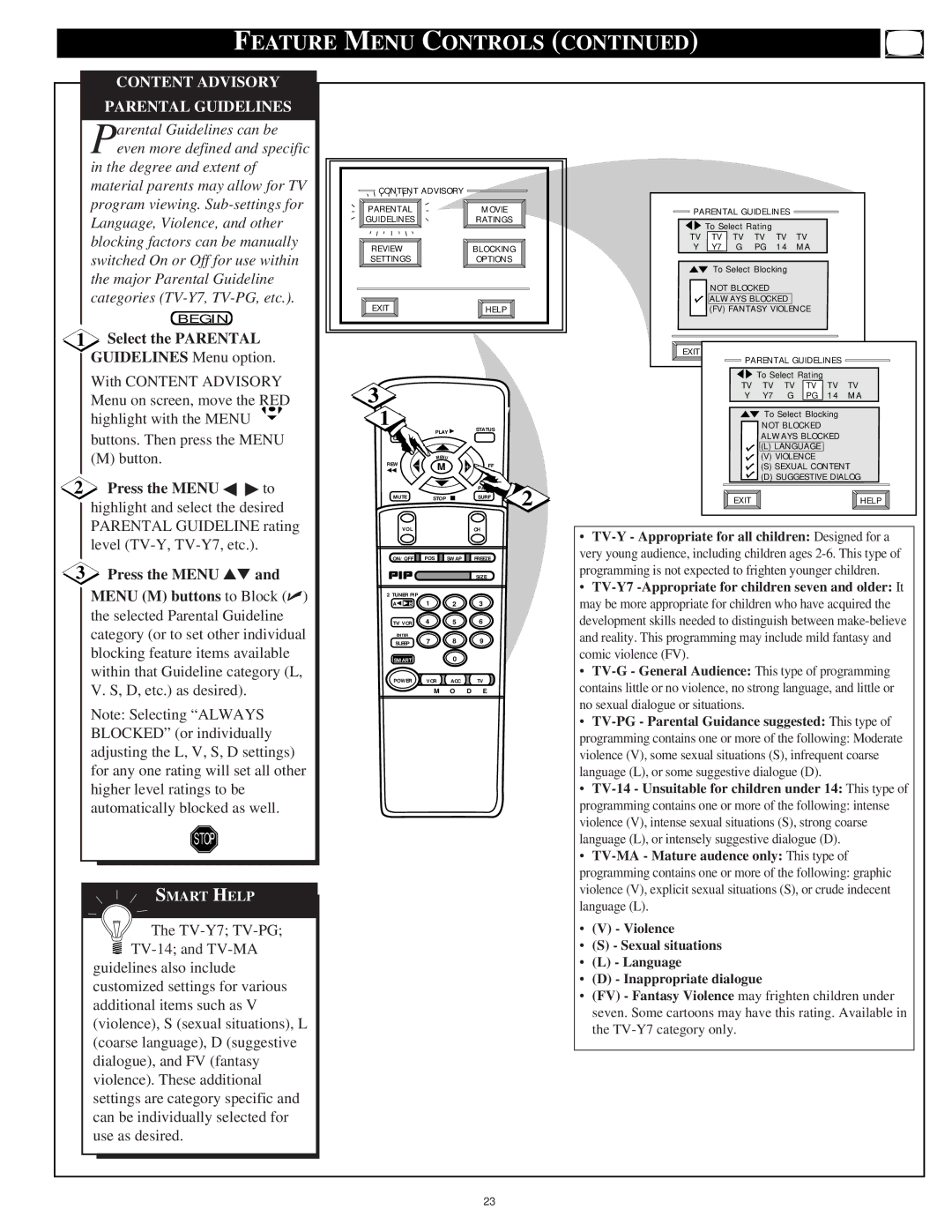 Philips 9P5040C1, 9P6440C1, 9P6040C1 manual Content Advisory Parental Guidelines, Select the Parental Guidelines Menu option 