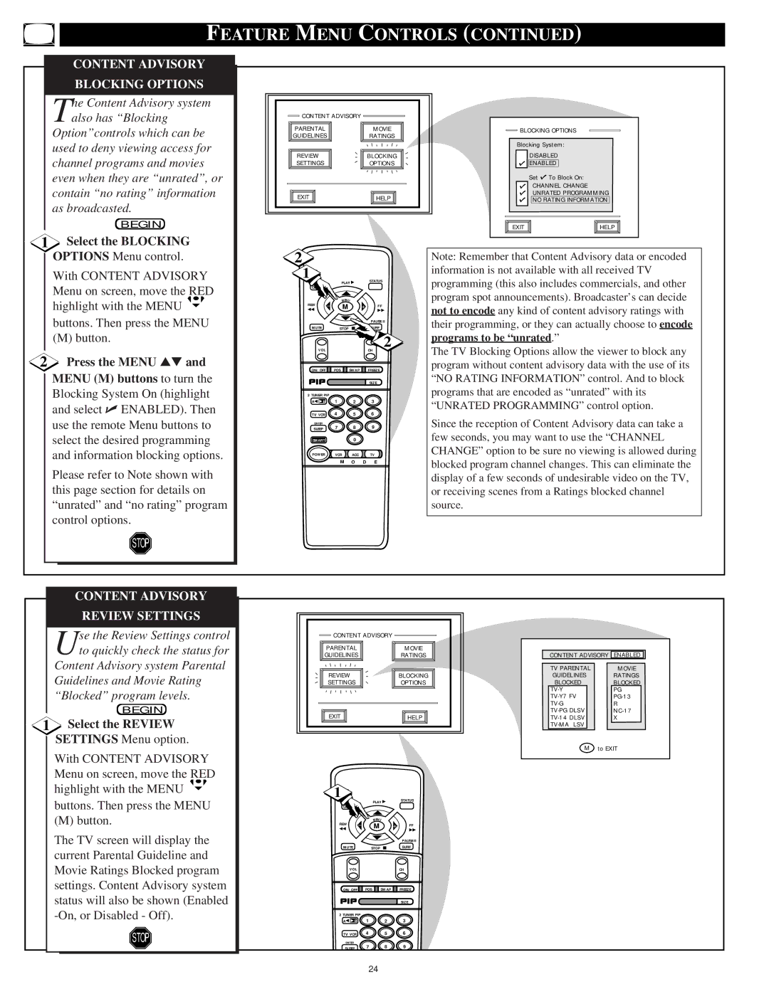 Philips 9P6440C1, 9P6040C1 Content Advisory Blocking Options, Select the Blocking, Options Menu control, Review Settings 