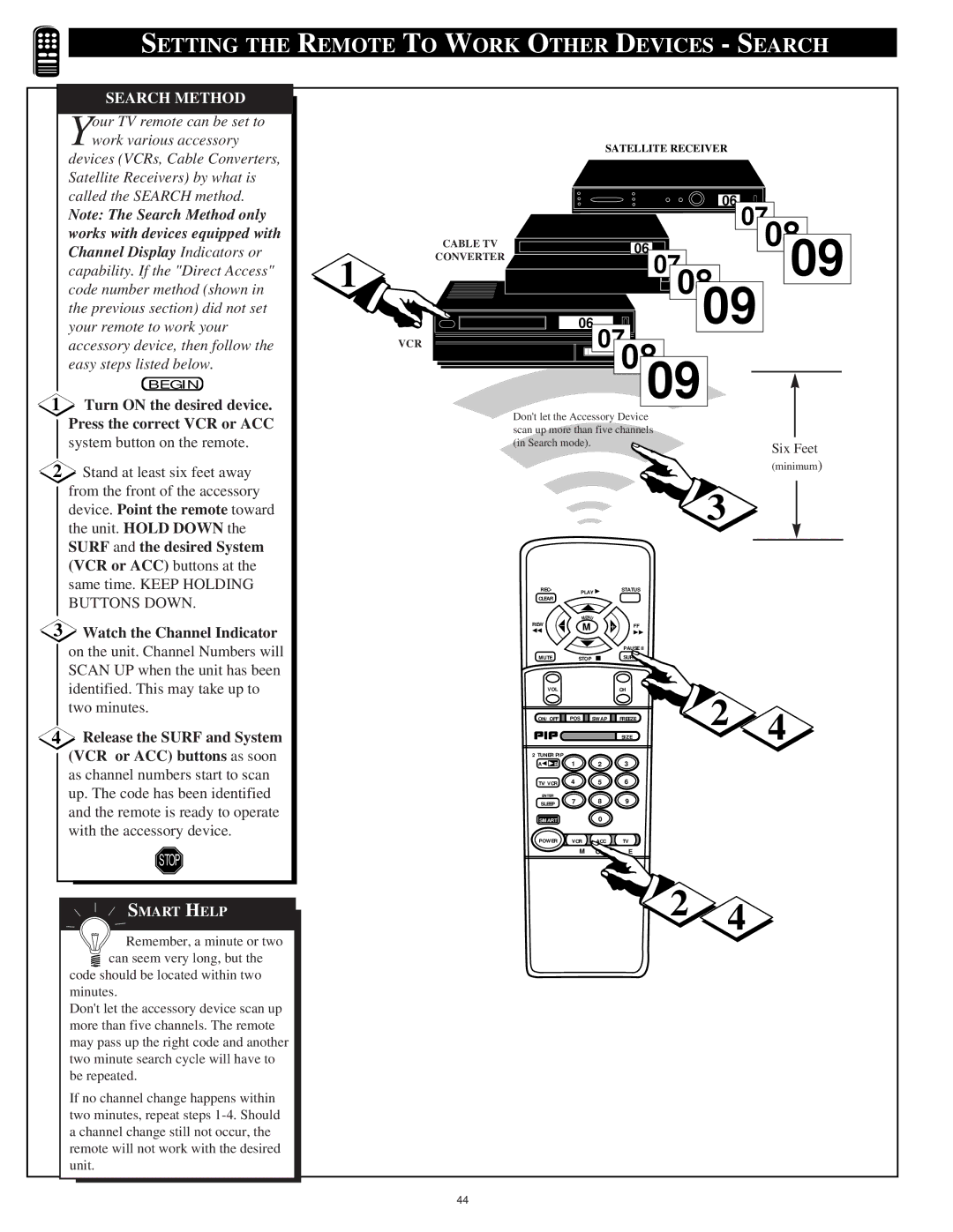 Philips 9P6440C1, 9P6040C1 Setting the Remote to Work Other Devices Search, Search Method, Device. Point the remote toward 