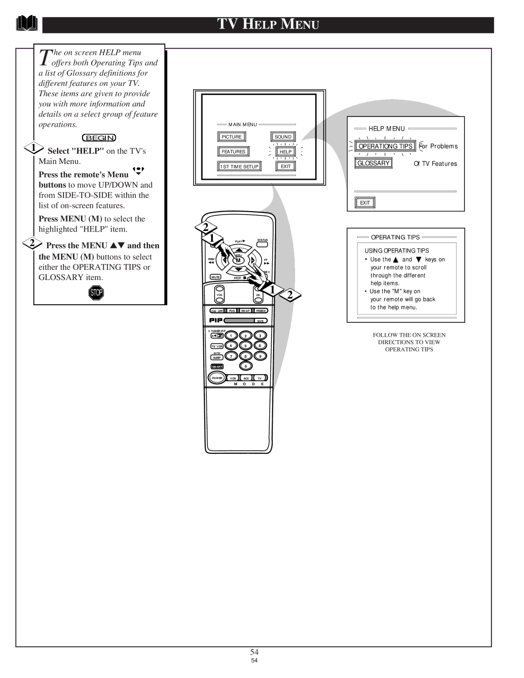 Philips 9P5540C1, 9P6440C1, 9P6040C1, 9P5040C1 manual TV Help Menu, He on screen Help menu offers both Operating Tips 