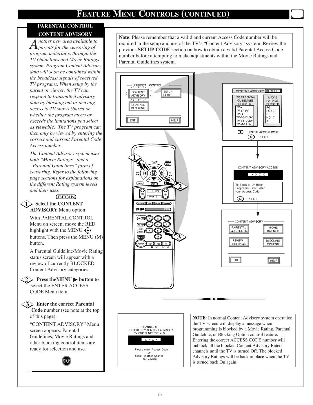 Philips 9P5544C1, 9P6444C1 manual Content Advisory, Select the Content, Press theMENU button to, Enter the correct Parental 