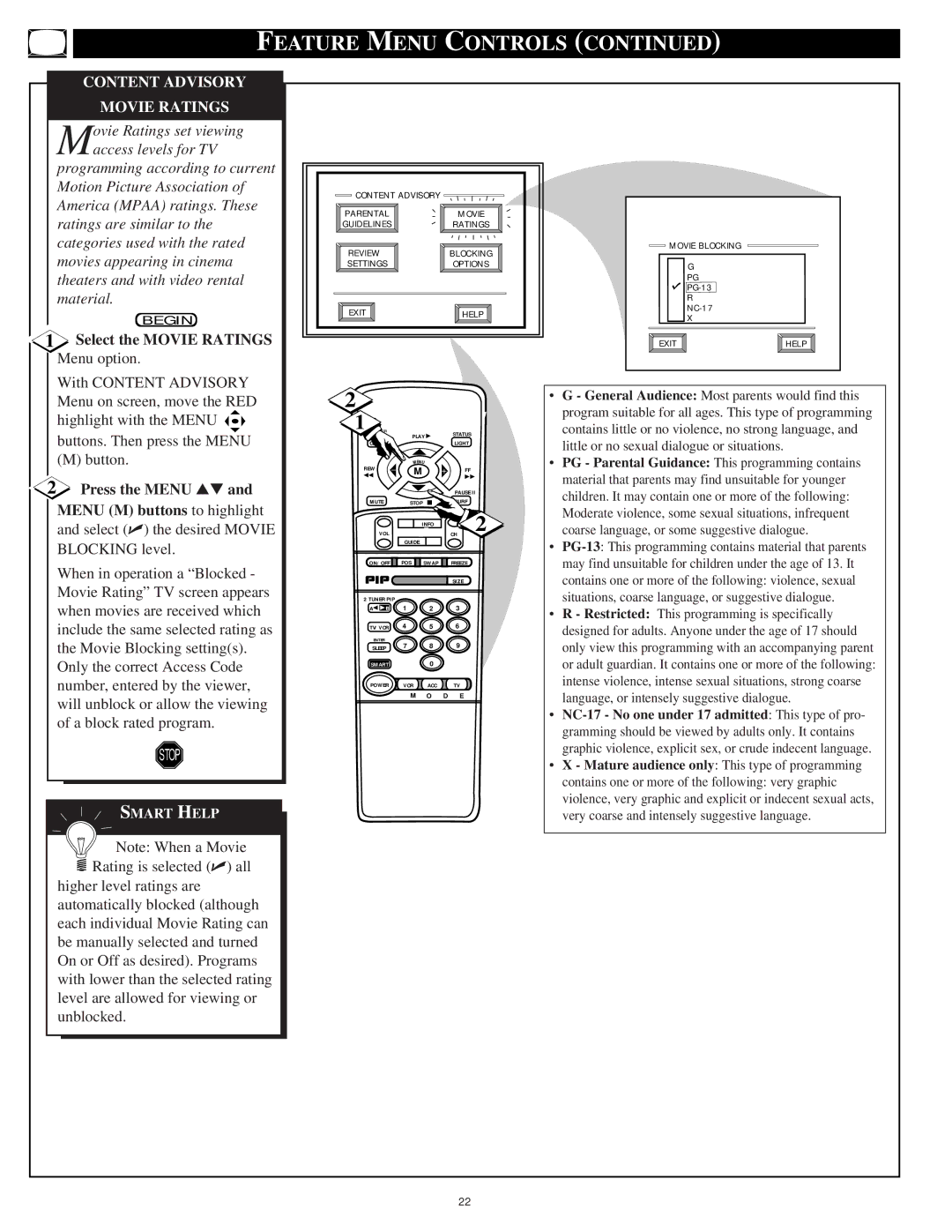 Philips 9P5044C1, 9P6444C1, 9P5544C1, 9P6044C1 manual Content Advisory Movie Ratings, Select the Movie Ratings Menu option 