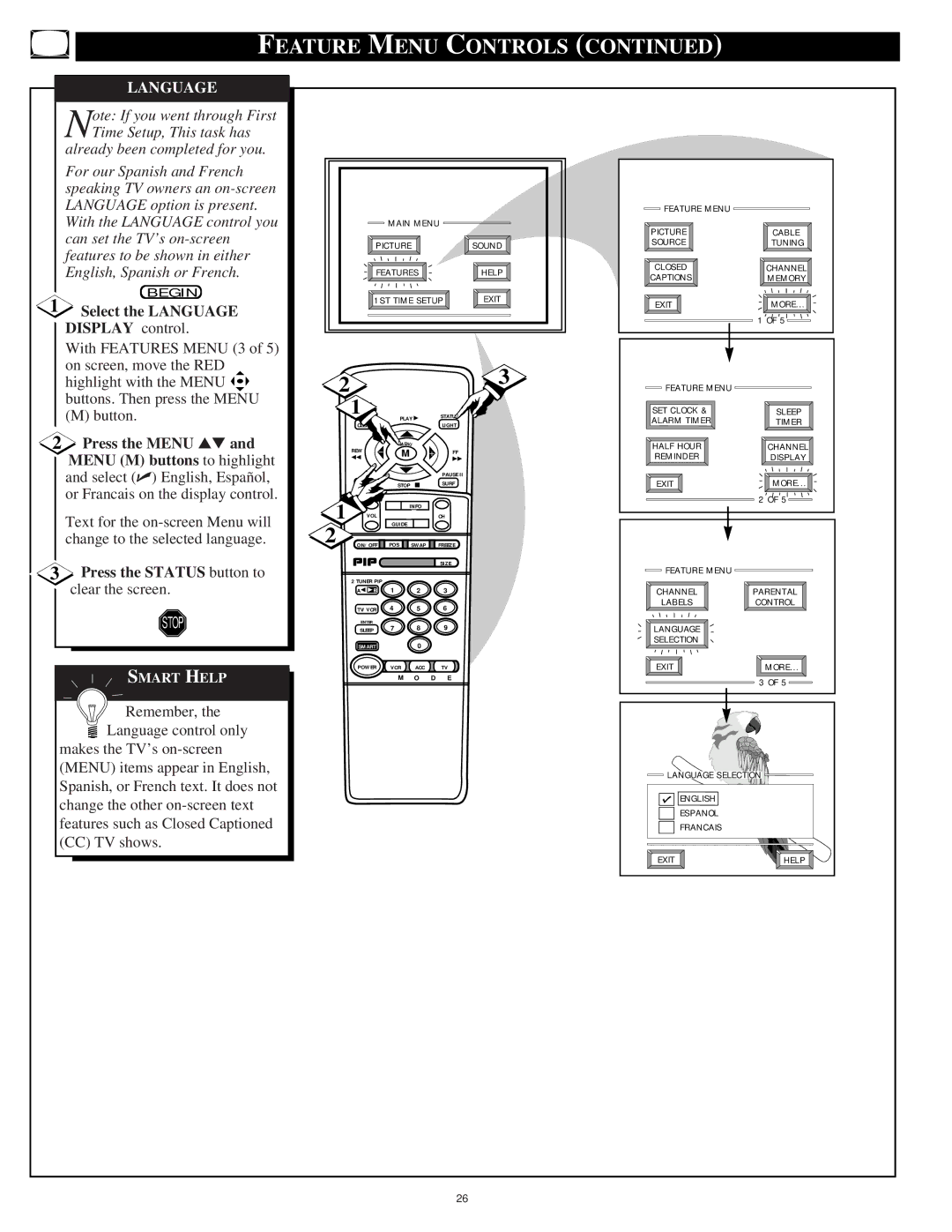 Philips 9P5044C1, 9P6444C1, 9P5544C1, 9P6044C1 manual Select the Language, Display control 