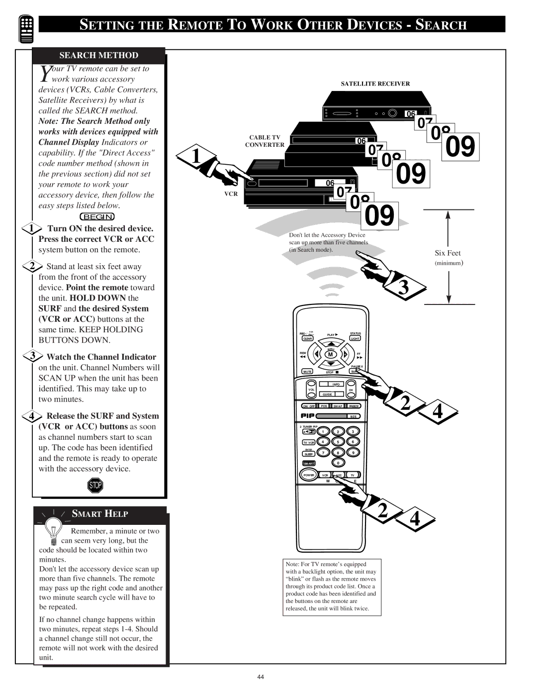 Philips 9P6444C1, 9P5544C1 Setting the Remote to Work Other Devices Search, Search Method, Device. Point the remote toward 