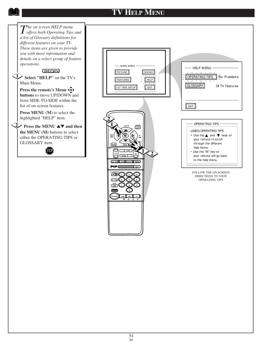 Philips 9P5044C1, 9P6444C1, 9P5544C1, 9P6044C1 manual TV Help Menu, He on screen Help menu offers both Operating Tips 