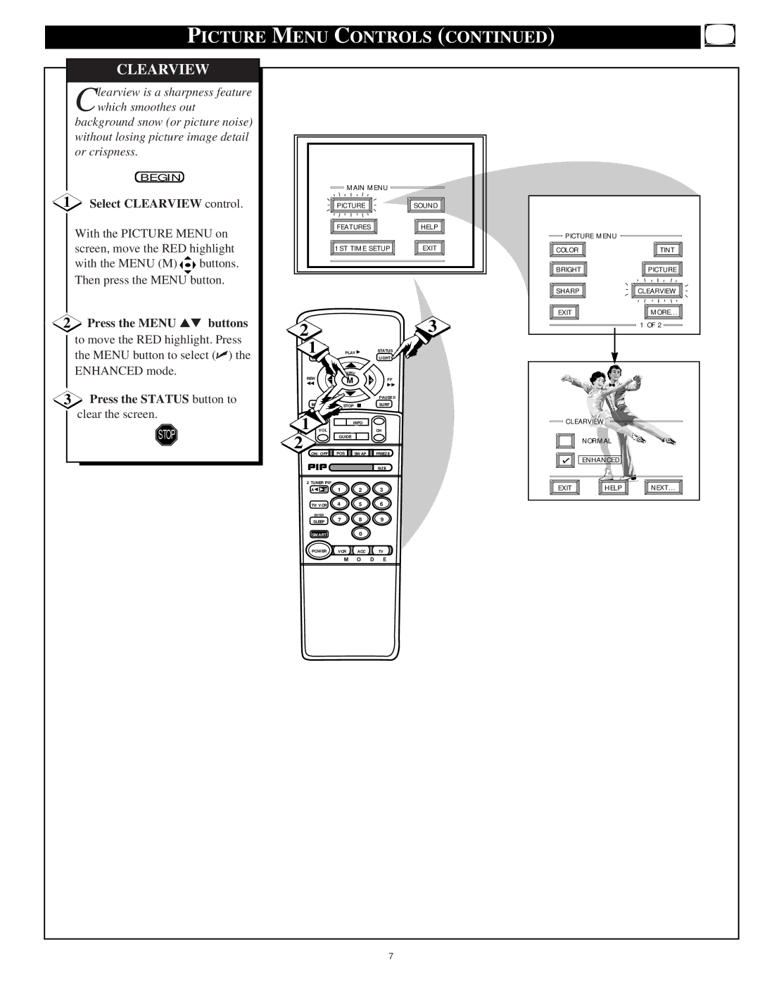 Philips 9P6044C1, 9P6444C1, 9P5544C1, 9P5044C1 manual Picture Menu Controls, Select Clearview control 