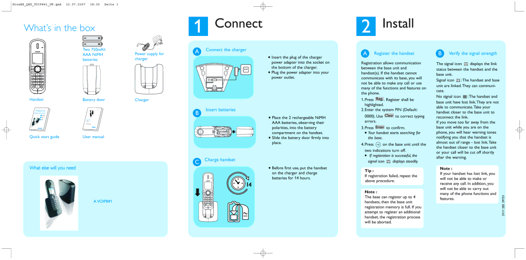 Philips A VOIP841 quick start Connect, Install 