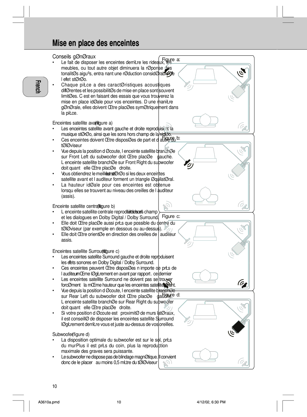 Philips A3.610, MMS316 manual Conseils gÈnÈraux, Enceintes satellite avant figure a, Subwoofer figure d 