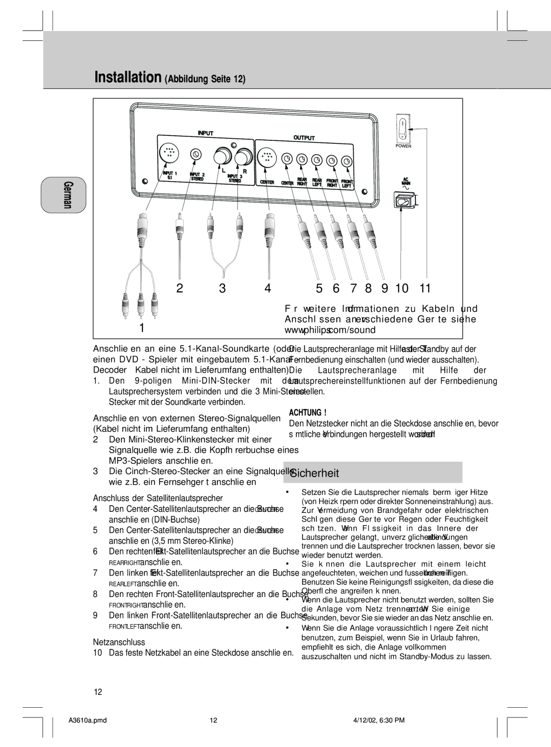 Philips A3.610, MMS316 manual Sicherheit, Installation Abbildung Seite, Achtung 