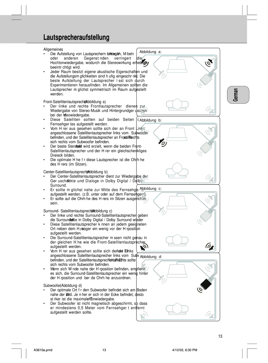 Philips MMS316, A3.610 manual Lautsprecheraufstellung, Portuguese 