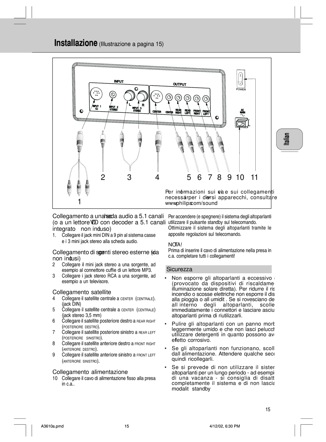 Philips MMS316, A3.610 manual Installazione Illustrazione a pagina, Sicurezza 