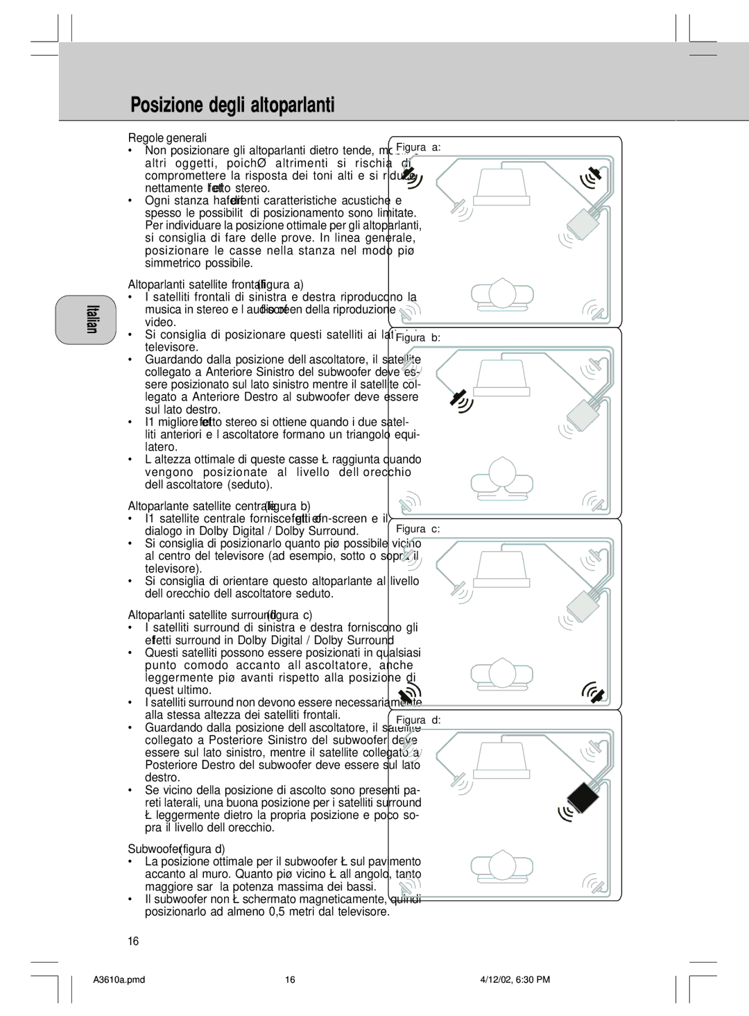 Philips A3.610 Posizione degli altoparlanti, Regole generali, Altoparlante satellite centrale figura b, Subwoofer figura d 