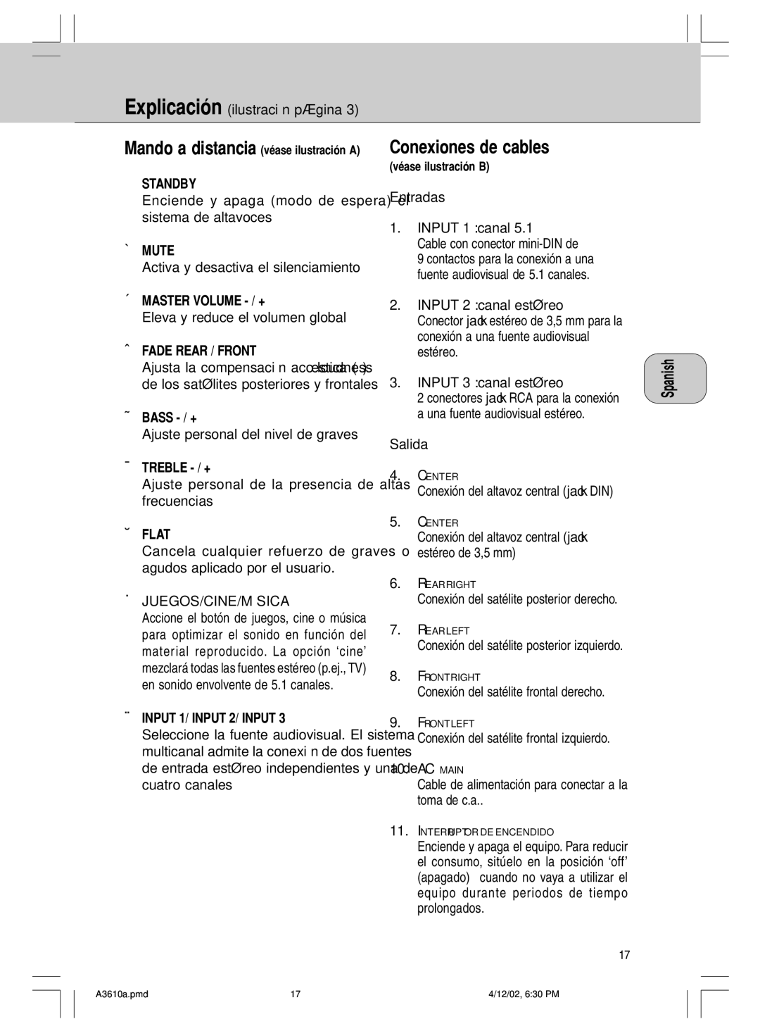 Philips MMS316, A3.610 manual Conexiones de cables 