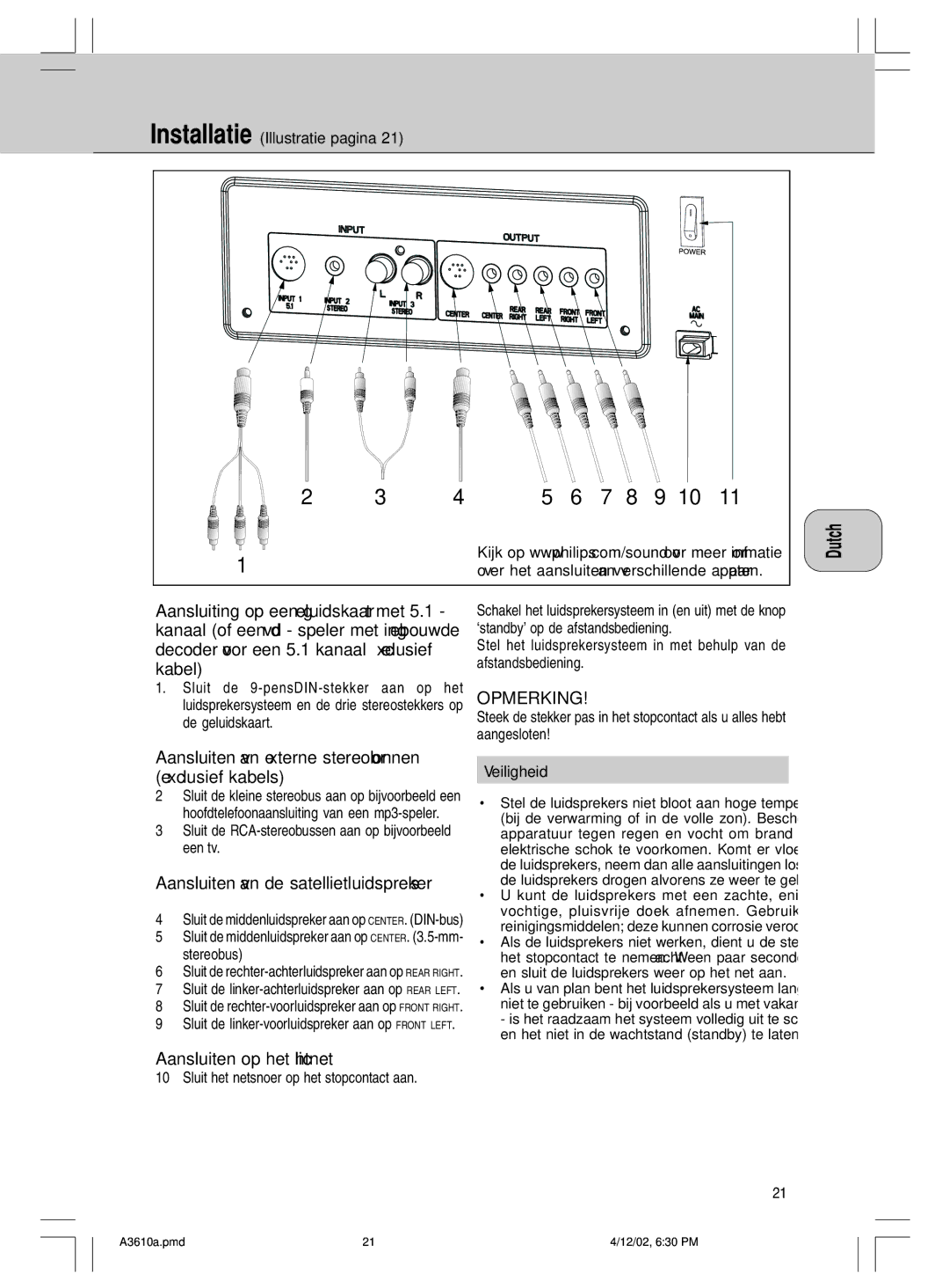 Philips MMS316, A3.610 manual Installatie Illustratie pagina, Aansluiten van externe stereobronnen exclusief kabels 