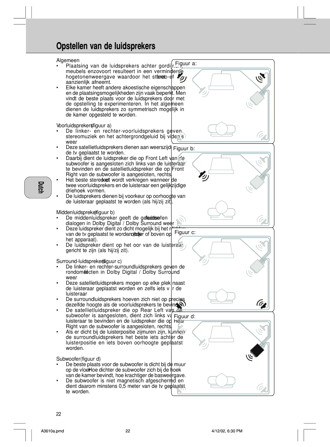 Philips A3.610, MMS316 manual Opstellen van de luidsprekers, Algemeen 